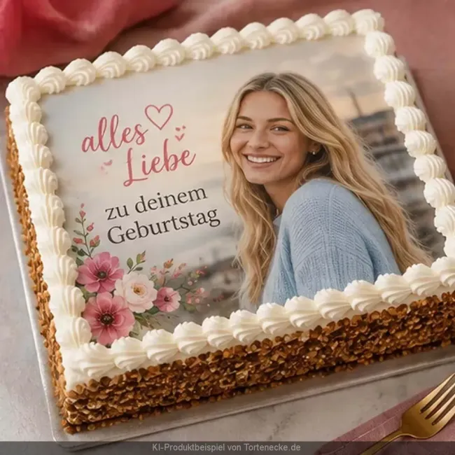 Preview: Rechteckiger Foto-Tortenaufleger zum Geburtstag mit Wunschbild, Blumen und Krokant-Sahnerand.